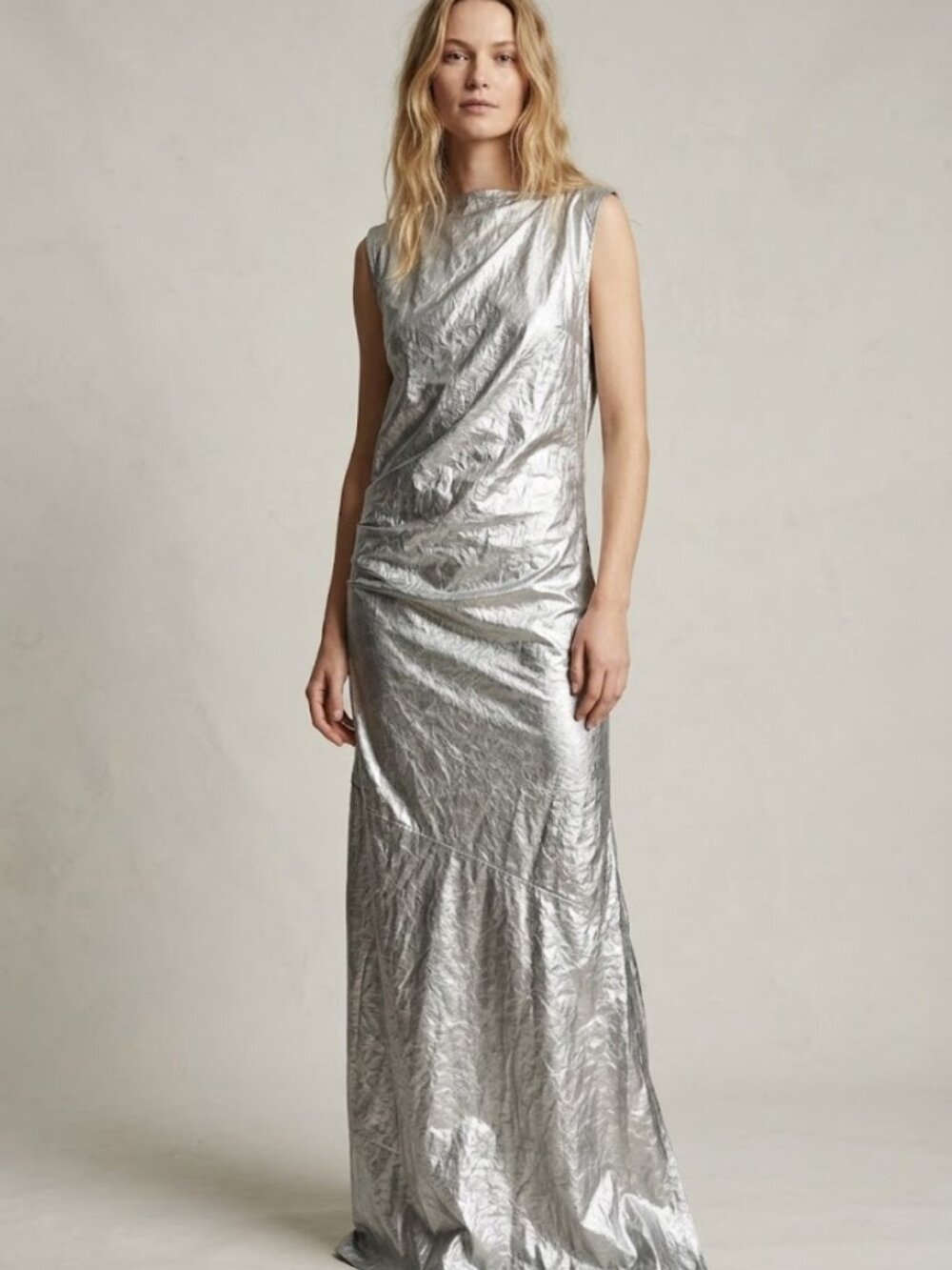 Rabens Saloner Antique Silver Jamal Draped Linen Maxi Dress (NWT, Size S)